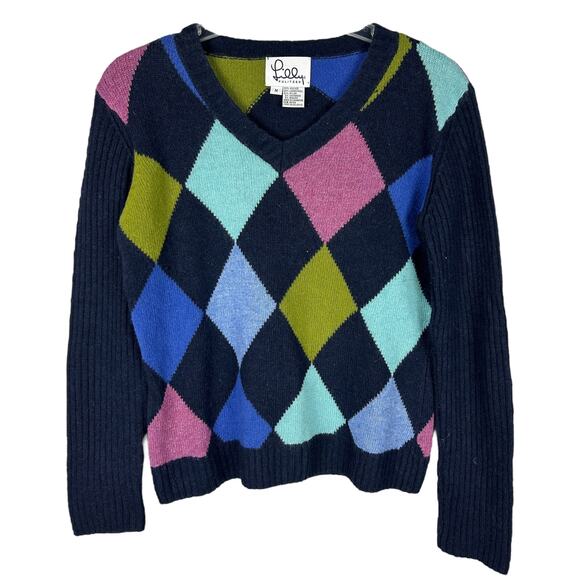 Lilly Pulitzer Y2K Preppy Cashmere Blend Multi Colored Argyle Sweater M - Picture 1 of 5